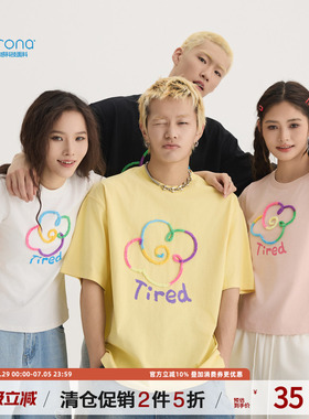TIRED美式潮流花卉绳绣索罗娜短袖t恤男女正肩上衣街头圆领潮tee