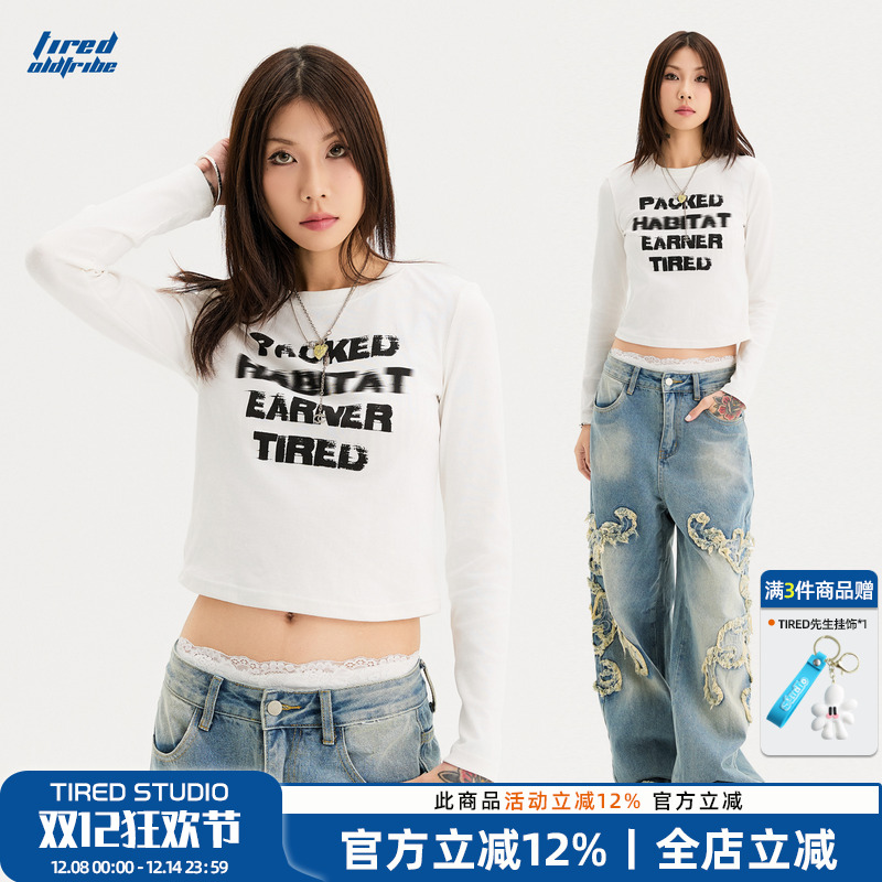TIRED美式复古印花短款长袖t恤潮