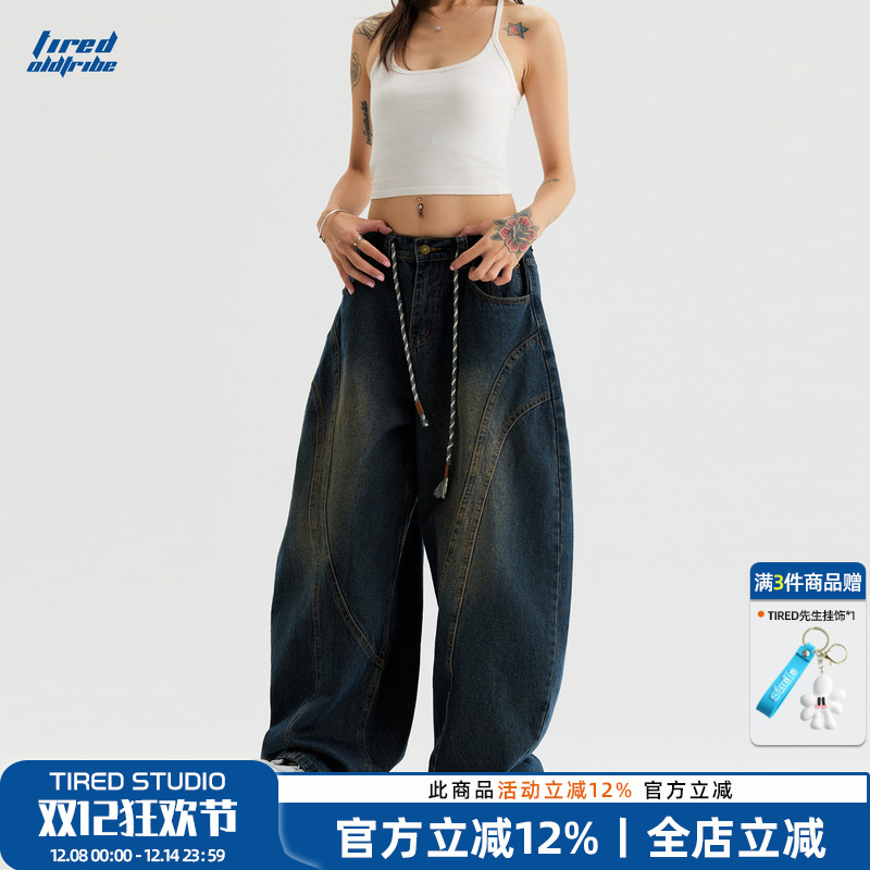 TIRED美式复古弯刀牛仔裤秋宽松