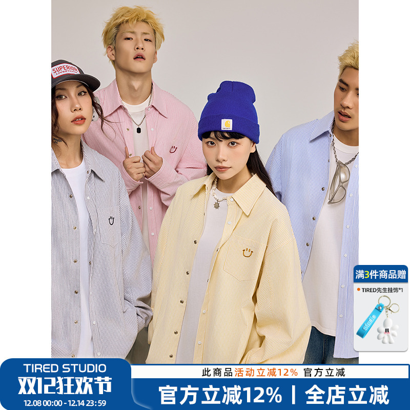 TIRED美式条纹情侣长袖衬衣男女同款春夏国潮街头衬衫学院风上衣