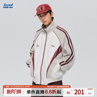 TIRED美式 情侣宽松撞色运动上衣外套 复古麂皮绒拼接立领夹克春季