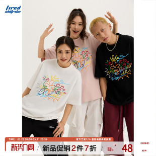 潮牌tee t恤男女街头上衣国潮半袖 TIRED美式 潮流300g双纱纯棉短袖