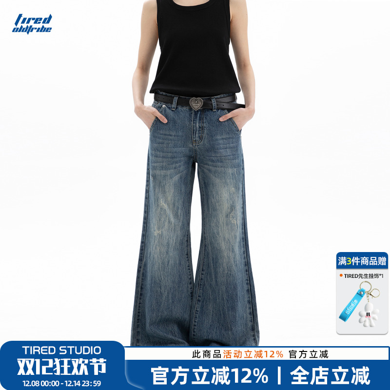 TIRED宽松直筒潮流牛仔裤