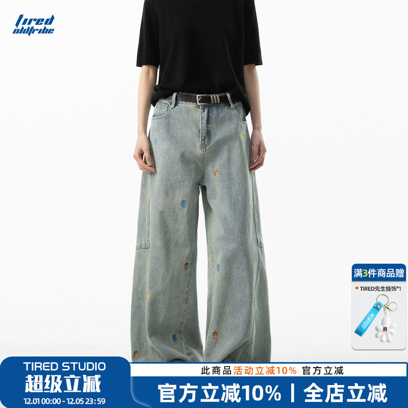 TIRED宽松潮流直筒牛仔裤