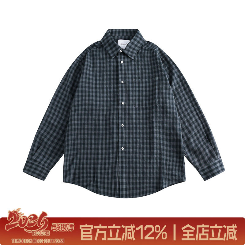 美式复古格子长袖衬衫男春秋季潮流宽松翻领工装衬衣街头休闲上衣,男装,衬衫,淘宝优惠券,粉丝福利购,淘宝优惠卷