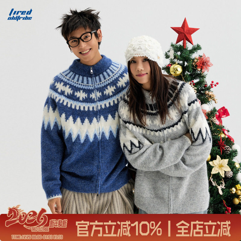 TIRED美式情侣款费尔岛开衫毛衣秋冬季马海毛圣诞针织衫外套上衣
