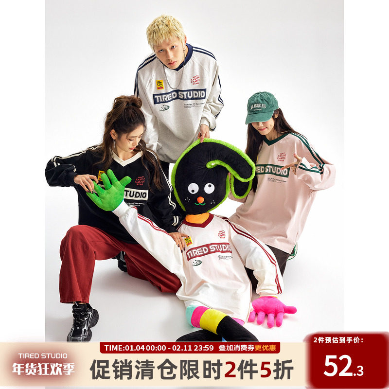 TIRED美式运动V领球衣学院风条纹长袖t恤男女街头打底衫百搭上衣,男装,卫衣,淘宝优惠券,粉丝福利购,淘宝优惠卷