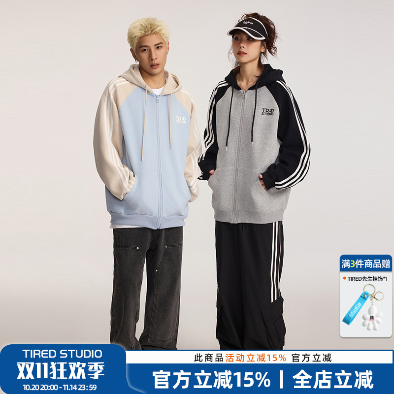 TIRED美式潮流运动连帽卫衣春季情侣学院风宽松长袖街头休闲外套