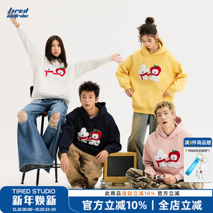 TIRED先生卡通毛巾绣连帽卫衣情侣款 加绒宽松休闲上衣 宽松套头衫