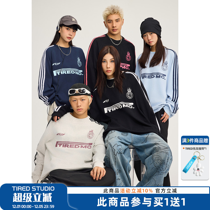 TIRED美式学院运动风长袖t恤春秋情侣国潮套头衫卫衣街头休闲上衣
