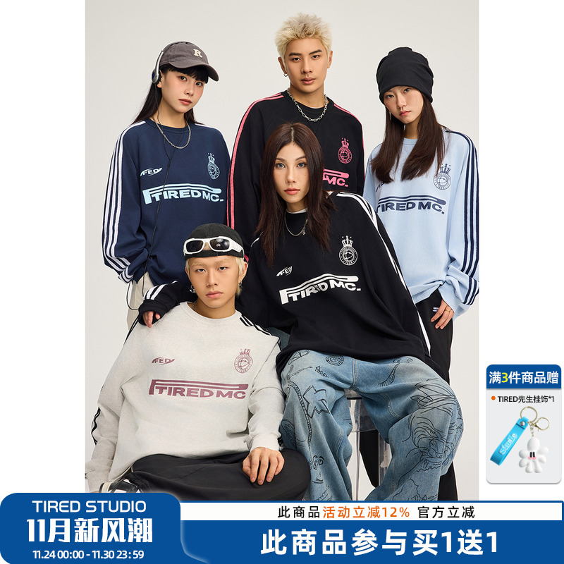 TIRED美式学院运动风长袖t恤春秋情侣国潮套头衫卫衣街头休闲上衣