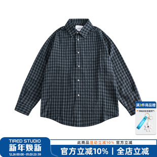 潮流宽松翻领工装 美式 男春秋季 衬衫 衬衣街头休闲上衣 复古格子长袖