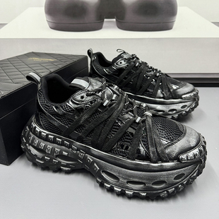 大码男鞋黑色鞋子老爹鞋男秋季2025新款高级感网面透气运动休闲鞋