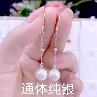 S999纯银珍珠耳环耳钉耳钩永久不掉色防过敏银白耳线银耳坠长款女