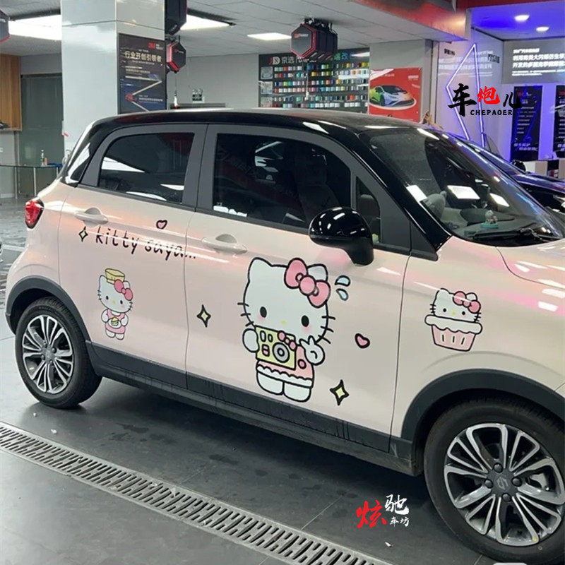 适用零跑T03新款卡通Kitty猫定制车贴纸比亚迪海鸥凯蒂猫可爱拉花