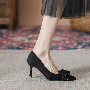 单鞋 尖头通勤OL蝴蝶结职业工作鞋 女 女细跟2026春夏新款 黑色高跟鞋
