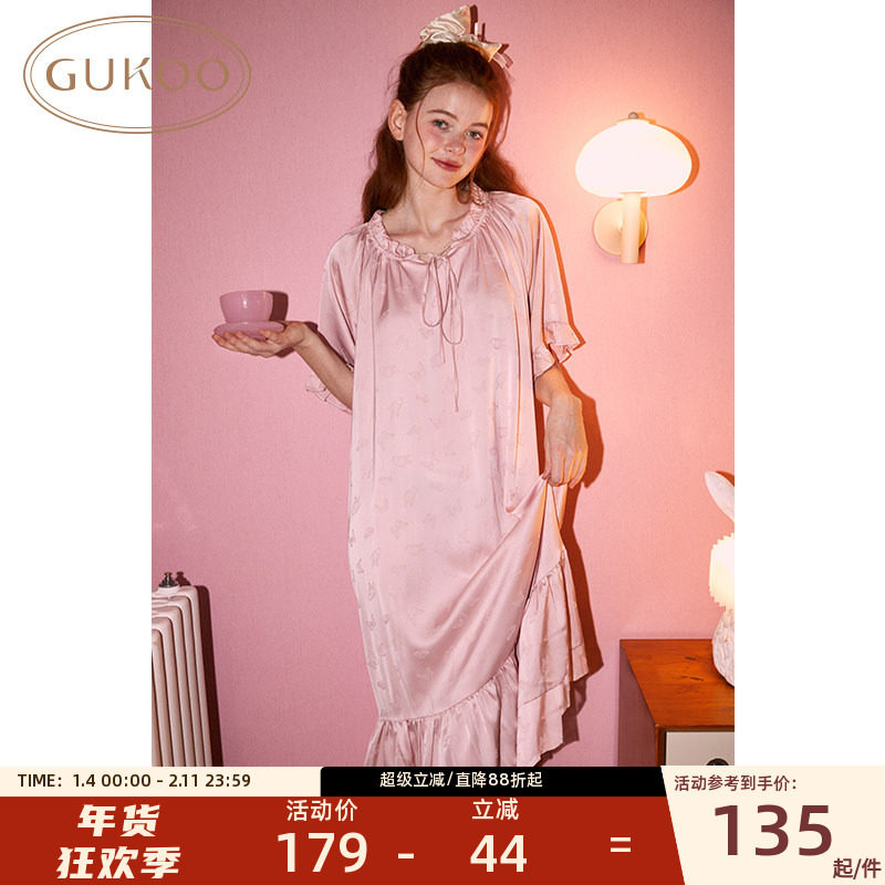 Gukoo/果壳睡裙女雪纺公主风夏季雪纺短袖甜美长款家居睡裙可外穿,女士内衣/男士内衣/家居服,睡裙,淘宝优惠券,粉丝福利购,淘宝优惠卷