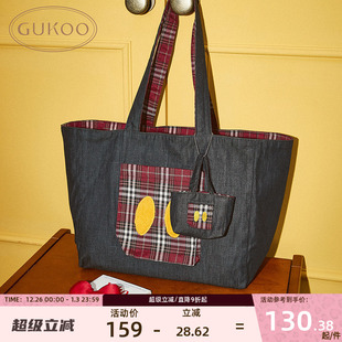 Gukoo 果壳双面手提包迪士尼联名格纹米奇帆布包女士托特包单肩包