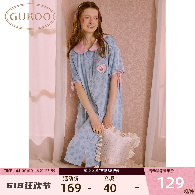 Gukoo/果壳豹纹睡裙艾丝乐小兔卡通睡裙女春夏短袖翻领家居服