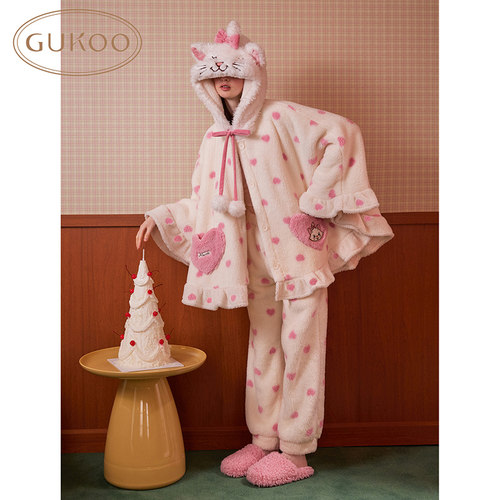 Gukoo/果壳睡衣女冬季加厚甜美珊瑚绒保暖玛丽猫可爱家居服套装