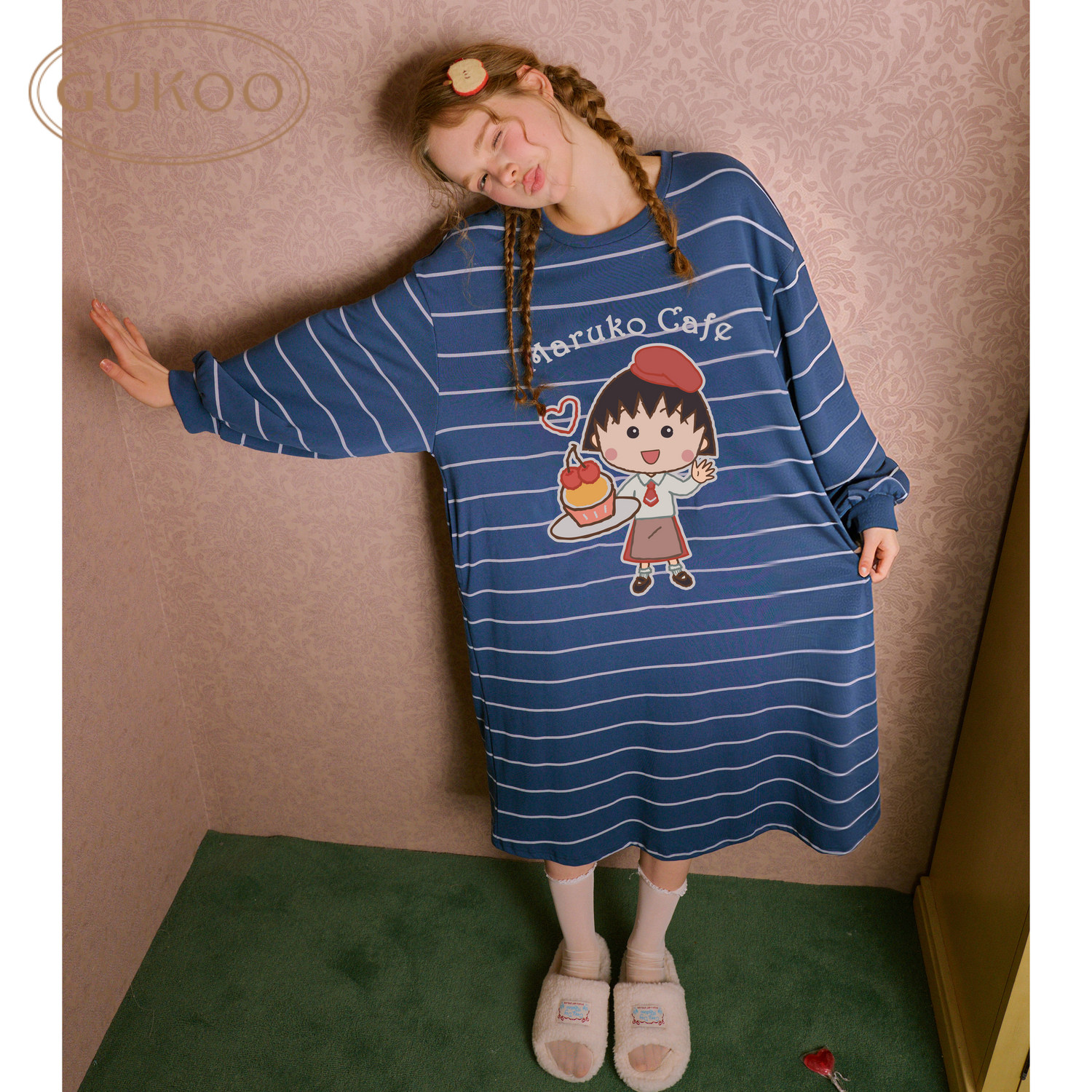 Gukoo/果壳樱桃小丸子联名睡裙女纯棉条纹长袖家居服可外穿睡衣裙