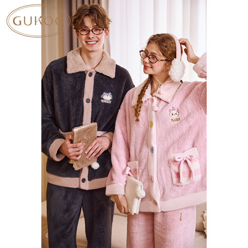 Gukoo/果壳情侣舒适翻领秋冬玛丽猫连帽加绒保暖可外穿家居服