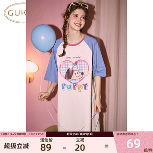 女士睡裙圓領(lǐng)睡衣女卡通純棉中長(zhǎng)款 顯瘦睡衣可外穿 果殼夏季 GUKOO