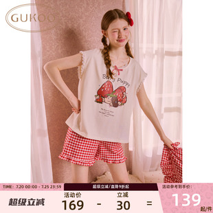 Gukoo/果壳甜美草莓卡通睡衣女夏季纯棉荷叶边家居服套装可外穿