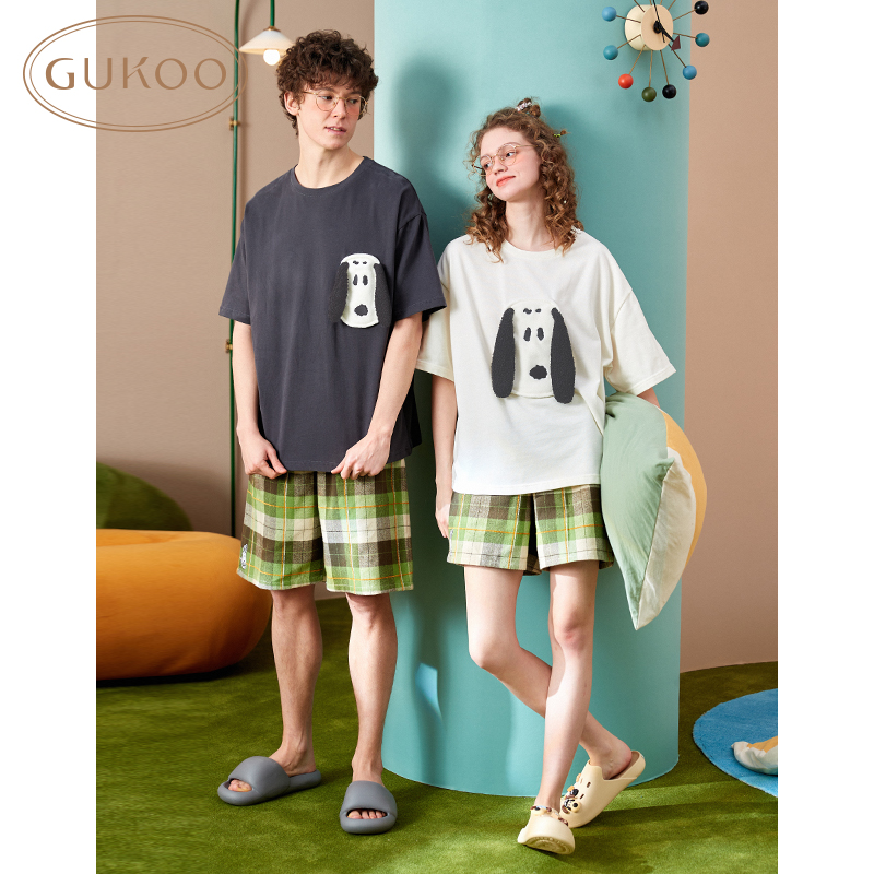 GUKOO/果壳夏季情侣睡衣米奇圆领卡通插肩袖男女睡衣套装家居服