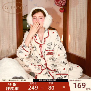 Gukoo/果壳睡衣女史努比珊瑚绒卡通印花可外穿保暖家居服套装