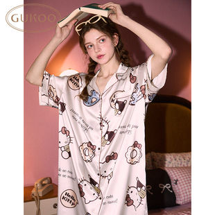 Gukoo/果壳女睡裙短袖HelloKitty系列雪纺衬衫短袖宽松家居服睡裙