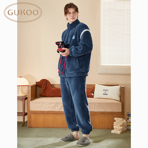 GUKOO/果壳男士冬季睡衣家居服加厚简约珊瑚绒保暖男睡衣家居服