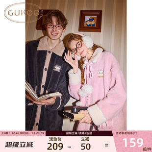 Gukoo 果壳珊瑚绒情侣睡袍秋冬玛丽猫连帽加绒保暖可外穿家居服