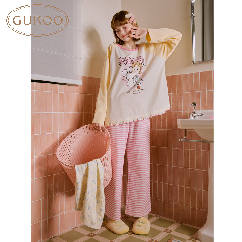Gukoo/果壳春秋新款女睡衣卡通棉质圆领格纹长袖家居服可外穿
