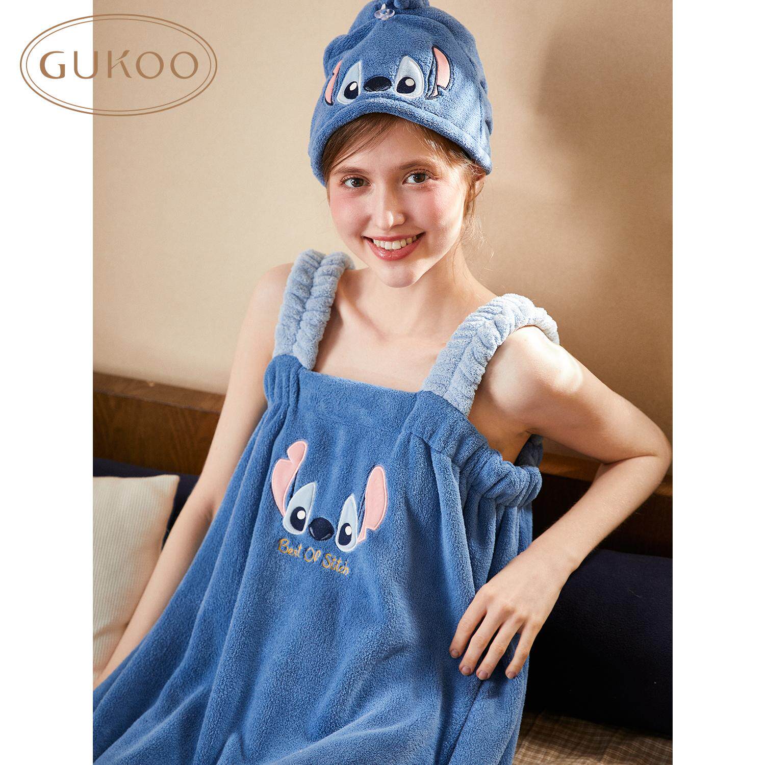 Gukoo/果壳浴裙浴帽吸水浴巾吊带浴裙浴室套装洗浴浴衣少女甜美