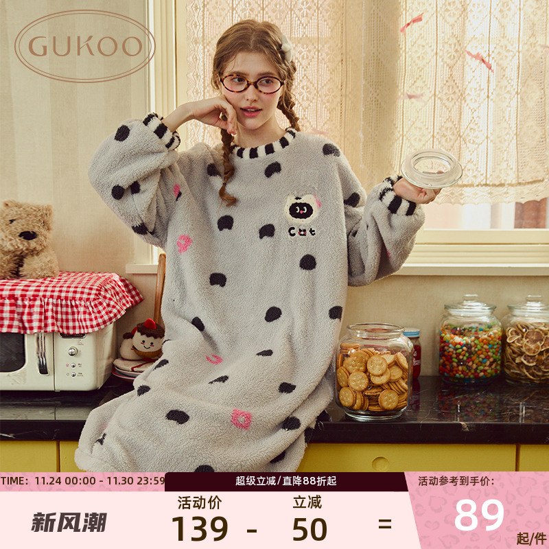 果壳睡裙圆领冬季加厚睡衣