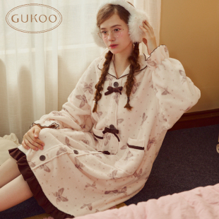 Gukoo 蝴蝶印花加绒保暖舒适家居服可外穿睡裙 果壳睡衣女冬季