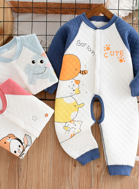 宝宝连体衣三层保暖表里纯棉0123岁春秋冬无骨缝制开裆哈衣爬服