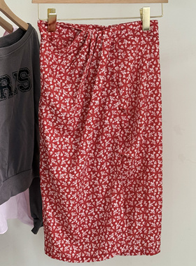 特价~韩国碎花半身裙女夏季红色开叉气质包臀裙长裙