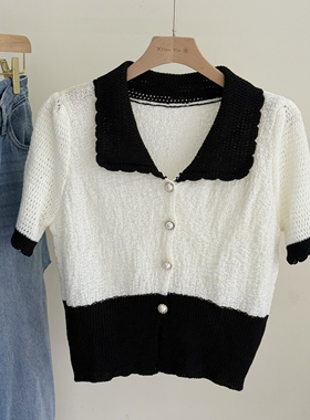 特价小香风针织衫夏季减龄黑白撞色Polo领设计感短袖上衣