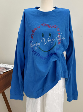 特价清仓韩国手工刺绣烫钻笑脸圆领百搭宽松短袖蓝色T恤上衣