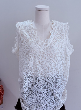 特价韩国ins风法式背心时髦宽松百搭米色蕾丝纯色V领无袖内搭上衣