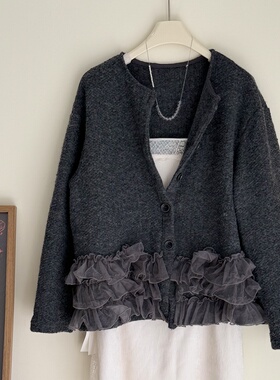 JennieHZ韩系甜美拼接针织开衫女设计感花边宽松灰色毛衣