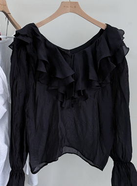 韩国黑色荷叶边V领薄透女人味衬衫宽松显瘦长袖上衣