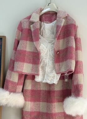 现~韩系温柔甜美格子毛呢外套半裙套装翻领毛毛羽绒小香风两件套