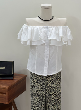 清仓特价~白色一字领衬衣女夏季法式甜辣露肩显瘦荷叶边上衣小衫
