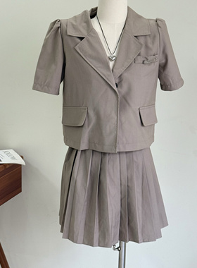 特价韩国ins风简约百搭短袖西装外套高腰显瘦百褶半身裙两件套