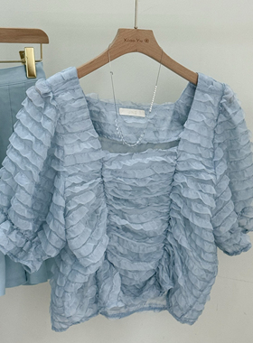 好仙哦~韩系气质百搭设计感方领泡泡袖衬衫蓝色甜美减龄显瘦上衣