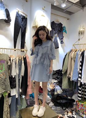 一枚小美人鱼～仙气韩国亮片网纱宽松显瘦短袖甜美蓝色小众连衣裙