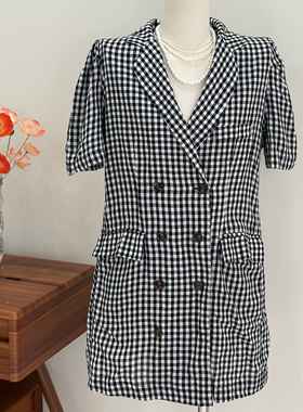 格子西装连衣裙女夏季新款2024薄款短袖收腰显瘦休闲气质百搭短裙